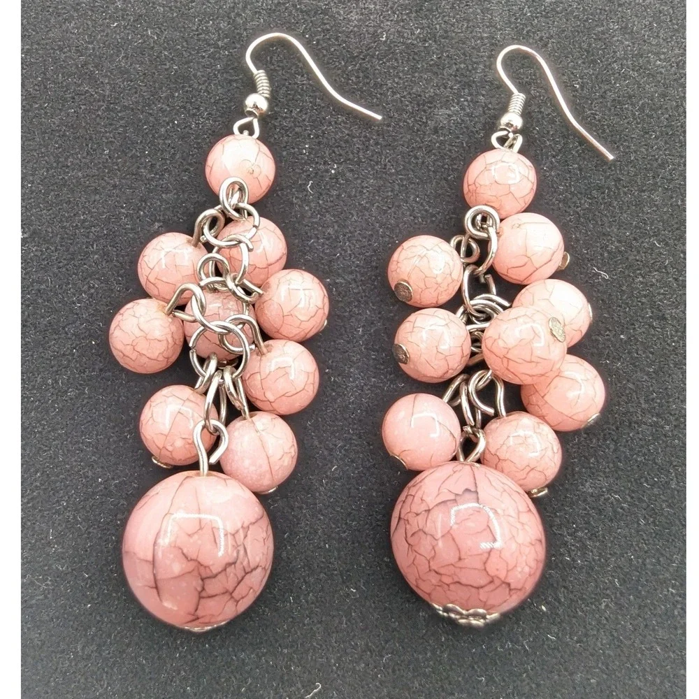 Pink‎ Crackle Glass Bead Cluster Dangle Earrings Silver Tone Fishhook Statement